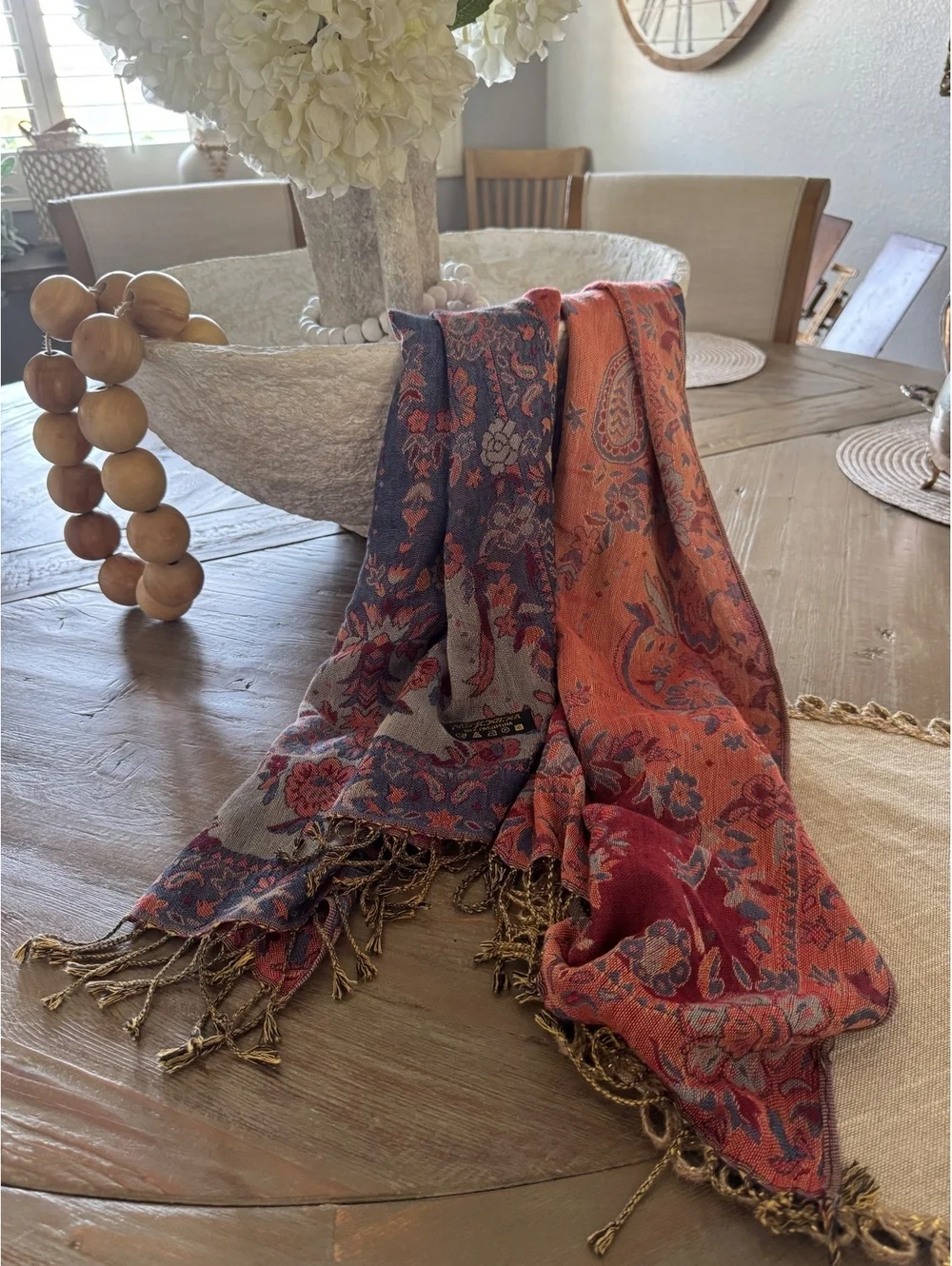 100% Pashmina Paisley Shawl Wrap Blue Burgundy Floral Fringe Scarf